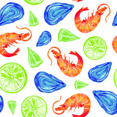 Watercolor hand drawn seafood seamless pattern with shrimp, oyster and citrus fruits