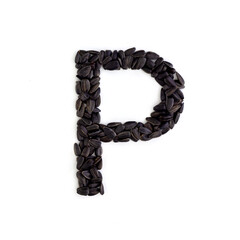 Capital letter P made from sunflower seeds. Alphabet made from sunflower seeds. White background. Sunflower seed font