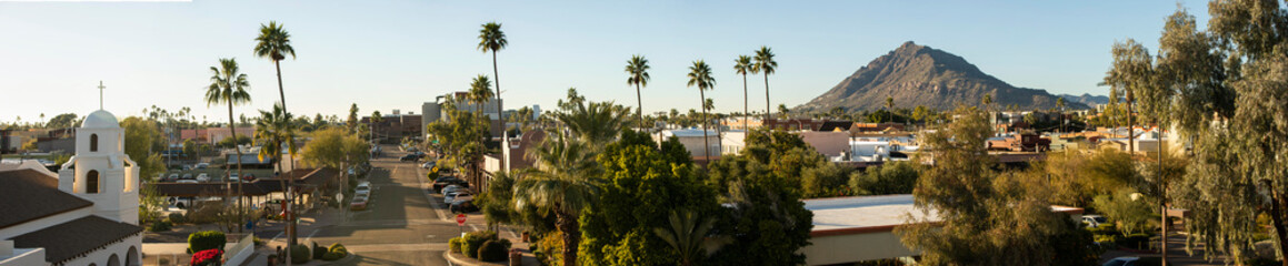 Late afternoon view of the historic mission of Old Town of Scottsdale, Arizona, USA.