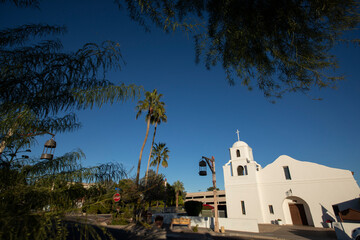 Late afternoon view of the historic mission of Old Town of Scottsdale, Arizona, USA.