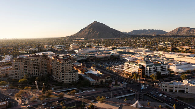 Aerial Sunset View Of The Downtown Area Of Scottsdale, Arizona, USA.