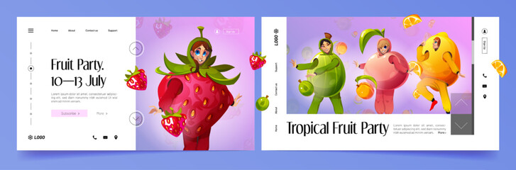 Tropical fruit party cartoon landing pages. Invitation for event with funny people wear costumes of strawberry, gooseberry, peach and lemon dance and having fun. Club or cafe promo Vector web banners