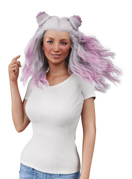 3D Girl with pink white hair in white shirt