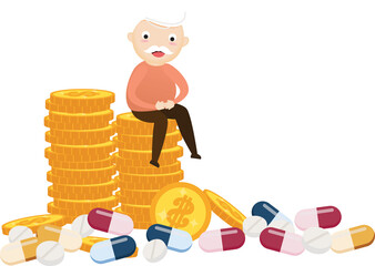 Old man sitting on coins, business and health care concept.