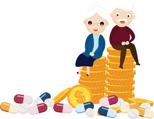 Old man and old woman sitting on coins, business and health care concept.