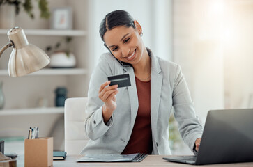 Ecommerce, online shopping and secure banking of happy woman reading credit card while talking on...