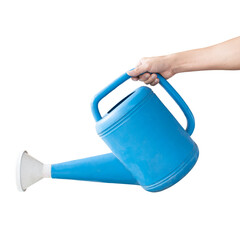 Hand holding a blue watering can on transparent background - PNG format.