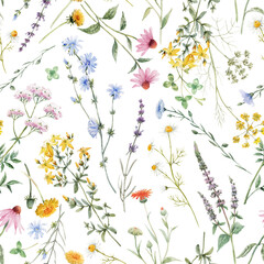 Beautiful floral seamless pattern with watercolor hand drawn summer wild field flowers. Stock illustration.