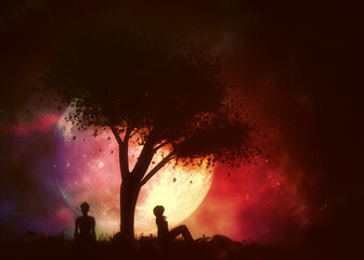 Naklejka na ściany i meble Girl under tree silhouette and full moon