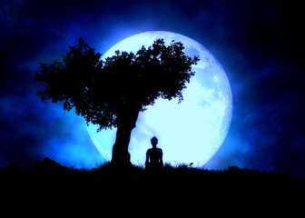 Girl under tree silhouette and full moon