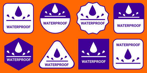 Waterproof sign for sticker print. Product information vector sign or tag