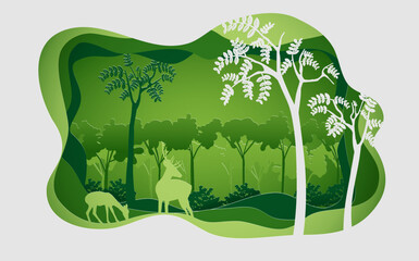 World wildlife day with the animal in forest on tree frame.Vector illustration in paper cut style