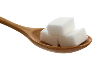 Sugar cubes in wooden spoon on white background