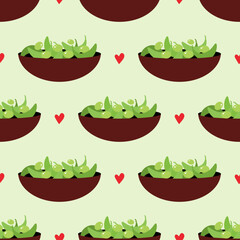 Edamame, green soy beans snack bowl and red hearts vector seamless pattern background for healthy food design.
- 523979493