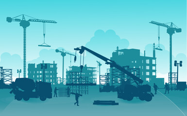 Silhouette engineer and construction team working at site.Vector illustration
