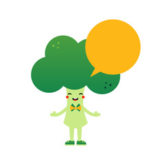 Obraz na płótnie Canvas Cute kawaii broccoli character with empty, blank speech bubble for news, message, information design.