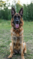 Fototapeta premium A German Shepherd is sitting on the grass
