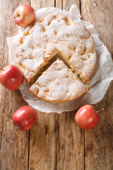 Delicious apple pie charlotte with fresh fruits and powdered sugar close-up on an old wooden table. Vertical top view from above