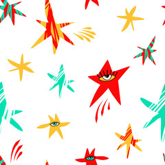 Stars and eyes seamless pattern. Multicolored abstract background. Children drawing. For printing on fabric and paper. Vector illustration. 