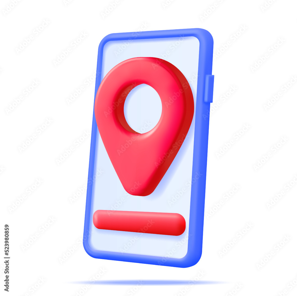 Poster 3d location map pin in smartphone isolated on white. blue gps pointer marker icon. gps and navigatio