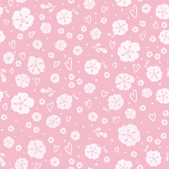 Small flowers and hearts seamless pattern. Ideal for printing for fabric. Cute children fashion. Pastel pattern. Vector illustration. 