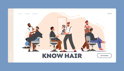 Men Beauty Salon Landing Page Template. Male Characters Visiting Barbershop. Hairdresser Barbers Serving Haircut Clients