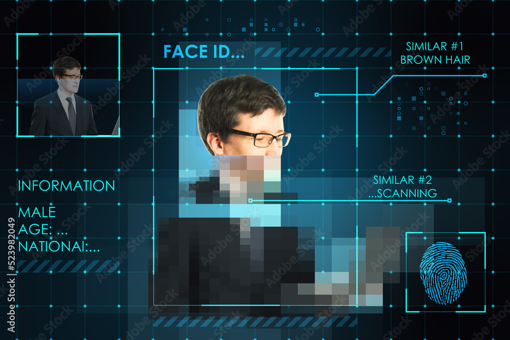 Poster Abstract image of european man face ID scanning. Digital scan and biometric recognition.