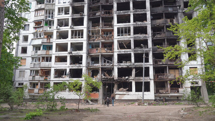 A destroyed residential building in Ukraine after the attack of the Russian army