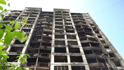A destroyed residential building in Ukraine after the attack of the Russian army