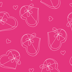 heart shaped gift box with ribbon and bow seamless pattern. hand drawn in doodle style.