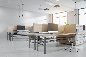 Bright concrete coworking office interior with furniture, equipment and windows with city view. 3D Rendering.