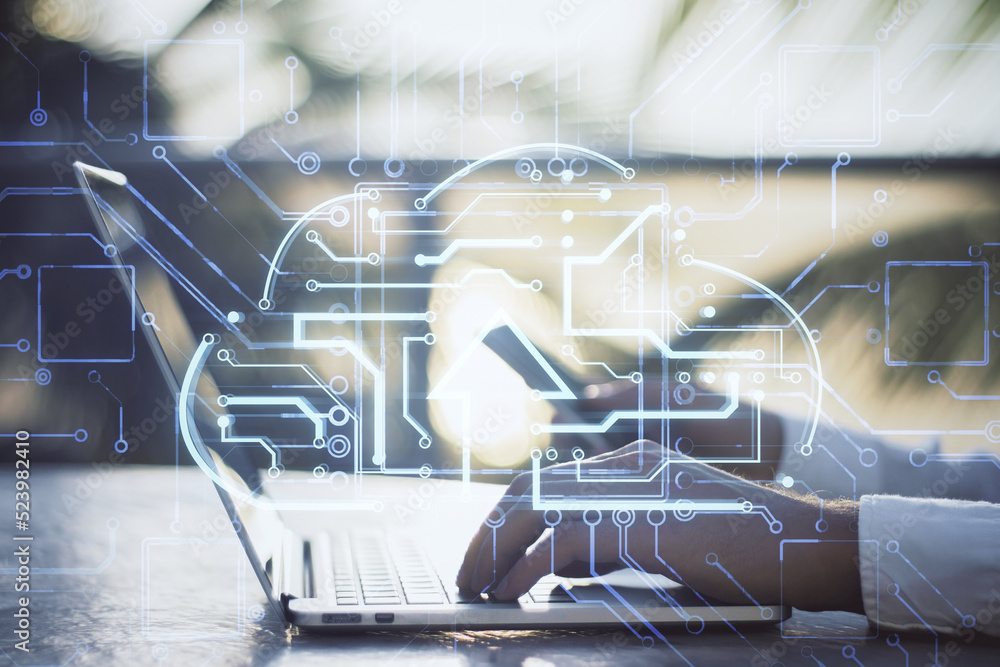 Poster Close up of male hands using laptop and smartphone with abstract glowing circuit cloud hologram on blurry background. Big data and technology concept. Double exposure.