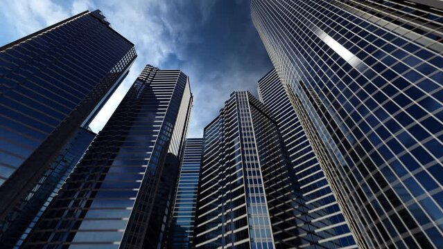 Animation of the business center. buildings with mirrored windows on the background of the sky .