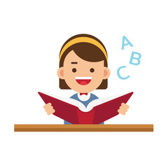 Cute Girls Learning Alphabet, Elementary School Student Standing at Blackboard