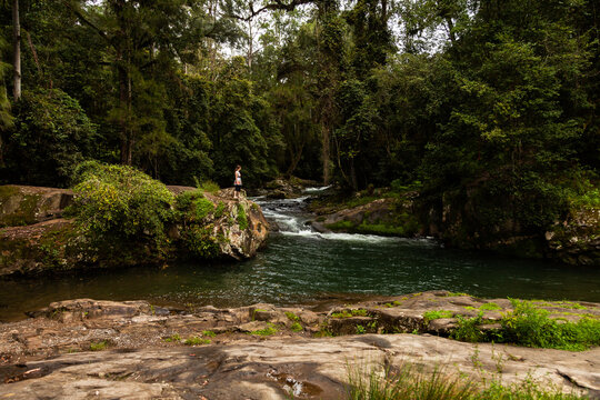 Young person standing on rock beside river in forest - Powered by Adobe