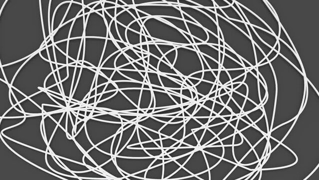 Animation white hand drawn tangle with scrawl, scribble, circles on black. Doodle thread drawing chaotic abstract background. Self drawing animation of line.
