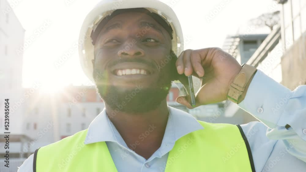 Poster happy, cheerful and smiling architect engineer talking on a phone outdoors in a hard hat at a buildi