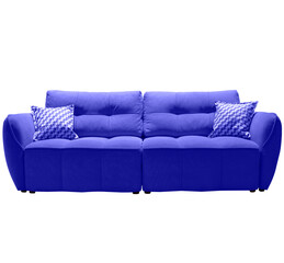 Dark blue sofa with checkered pillows isolated. Upholstered furniture for living room. Navy blue couch isolated