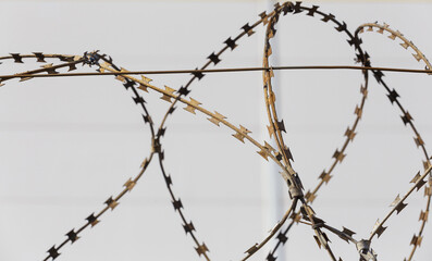 Barbed wire on the background of the sky close-up. Protected area, entrance is prohibited. Danger...