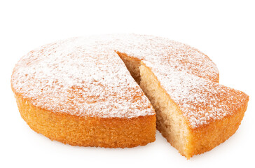Whole lemon sponge cake with icing sugar topping and cut out wedge isolated on white.