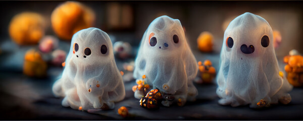 Cute Halloween Ghosts, cute ghosts with miniature pumpkins and Halloween colors  3d rendering
