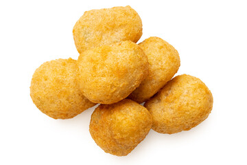 Pile of fried breaded chilli cheese nuggets isolated on white from above.