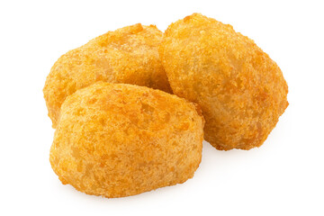 Three fried breaded chilli cheese nuggets isolated on white.