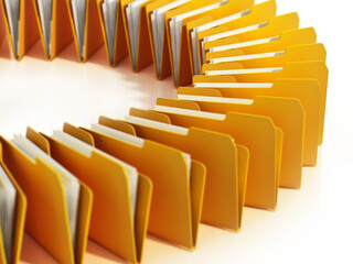 Yellow folders arranged in circle isolated on white background. 3D illustration