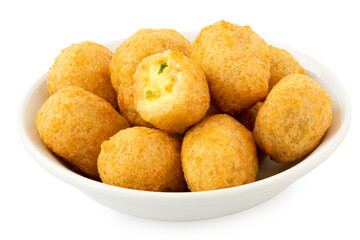 Fried breaded chilli cheese nuggets in a white ceramic bowl isolated on white. One eaten. - 523986846