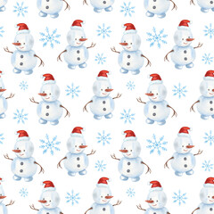Watercolor snowman and snowflake on white background. Christmas Seamless pattern.