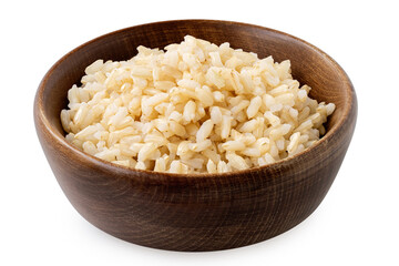 Brown cooked rice in a brown wood bowl isolated on white.