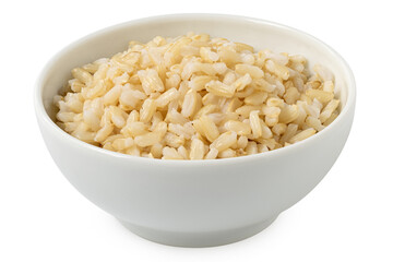 Brown cooked rice in a white ceramic bowl isolated on white.