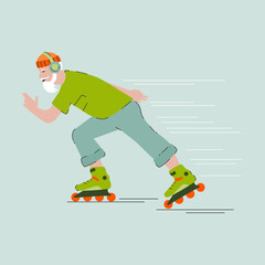 A jolly old man wearing headphones rushing around on roller skates. Flat style vector image. Active grandfather.