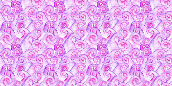 Waves seamless pattern. Purple watercolor wave endless print. Hand-drawn stormy sea illustration. Fairytale curly wavy wrapping paper design. Pacific ocean sketch on a wallpaper. Cute abstract waves.